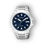 Citizen Super Titanium BM7430-89L, kék számlapos óra, ezüst színű titánium szíjjal és körkörös tokkal.