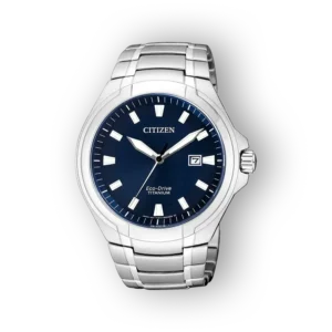 Citizen Super Titanium BM7430-89L, kék számlapos óra, ezüst színű titánium szíjjal és körkörös tokkal.