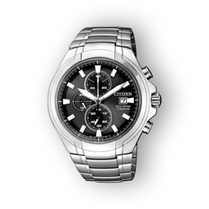 Citizen Super Titanium CA0700-86E karóra, fekete számlappal és ezüst szíjjal, modern dizájnú időmérő.