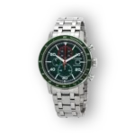 Ez a Citizen Eco-Drive CA0851-56X óra zöld számlapján vörös időmérő mutatók találhatók, fém szíjjal.