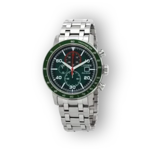 Ez a Citizen Eco-Drive CA0851-56X óra zöld számlapján vörös időmérő mutatók találhatók, fém szíjjal.