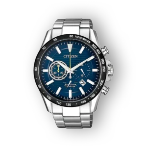 Citizen Super Titanium CA4444-82L óra kék számlappal és fémszíjjal, részletes tachiméterrel és kronográffal.