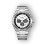 Citizen Eco-Drive CA4610-85A ezüst színű férfi karóra, fehér számlappal és kronográf funkcióval.