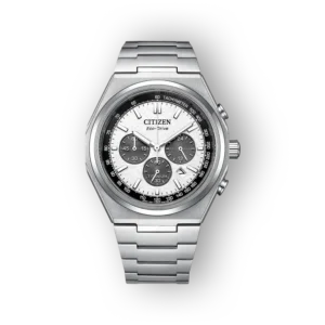 Citizen Eco-Drive CA4610-85A ezüst színű férfi karóra, fehér számlappal és kronográf funkcióval.