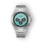 Citizen Super Titanium CA4610-85M óra ezüst szíjjal, zöldes színű számlappal és három funkcionális kronográf számlálóval.