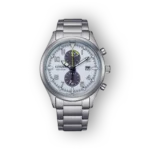 Citizen Eco-Drive CA7028-81A ezüst színű karóra fehér számlappal és fekete kronográf funkcióval.