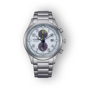 Citizen Eco-Drive CA7028-81A ezüst színű karóra fehér számlappal és fekete kronográf funkcióval.