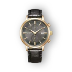 Fekete bőrszíjjal ellátott Citizen Eco-Drive CA7067-11H aranykeretes karóra, szürke számlappal és kronográf funkciókkal.