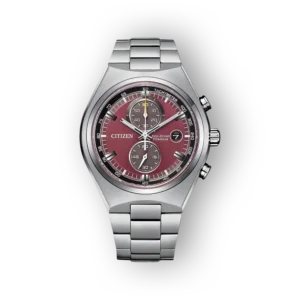 Citizen Eco-Drive CA7090-87X karóra ezüst szíjjal és bordó számlappal.