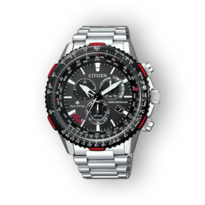 Citizen férfi karóra fekete számlappal és ezüst szíjjal.