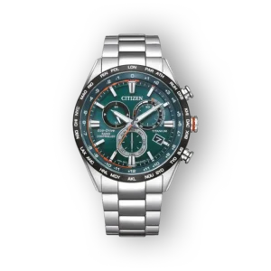 Citizen Super Titanium CB5946-82X zöld számlapos, titán férfi karóra, ezüst színű fém karkötővel.