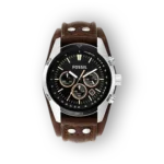 Fossil CH2891 fekete számlapos karóra barna bőrszíjjal és ezüstszínű tokkerettel.