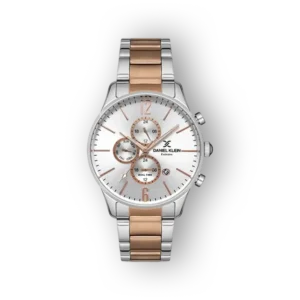 Daniel Klein DK.1.12824-5 ezüst és rózsaarany színű karóra, három kis számlappal a fehér számlapon.