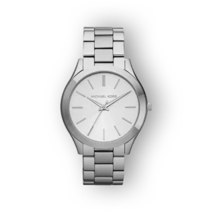 Ezüst színű Michael Kors karóra, letisztult dizájnnal és fehér számlappal.