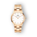 Daniel Wellington Iconic Link karóra, rózsaarany színű fém karkötővel és fehér számlappal.