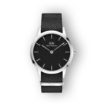 Daniel Wellington fekete számlapos karóra, ezüst kerettel és fekete szövött szíjjal.