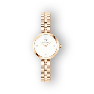 Daniel Wellington DW00100717, rose arany színű karóra, fehér számlappal és kristályos részletekkel.