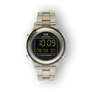 Daniel Wellington digitális óra ezüst szíjjal, fekete számlap, zöld számokkal.