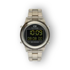 Daniel Wellington digitális karóra, elölnézetben, fém szíjjal