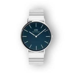 Daniel Wellington DW00100776 karóra ezüst szíjjal, sötétkék számlappal és minimalista dizájnnal.