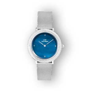 Daniel Wellington DW00100825 ezüst színű karóra, kék számlappal és fém szíjjal, elegáns megjelenéssel.