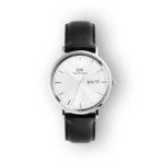 Daniel Wellington DW00100832 fekete bőrszíjjal és ezüstszínű számlappal rendelkező karóra.