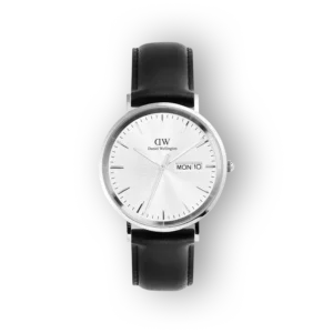 Daniel Wellington DW00100832 fekete bőrszíjjal és ezüstszínű számlappal rendelkező karóra.