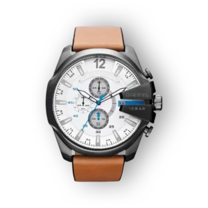 Diesel Mega Chief DZ4280 karóra, fehér számlap, barna bőr szíj, fekete tok, kék részletek.