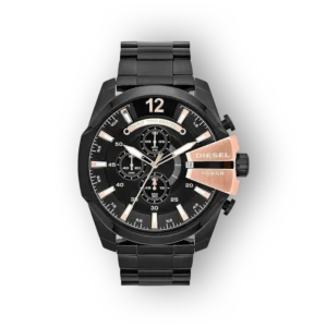 Fekete Diesel Mega Chief DZ4309 karóra, rózsaarany és ezüst színű részletekkel, sportos designnal.