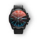 Diesel Mega Chief DZ4323 fekete bőrszíjas karóra, piros-kék színátmenetes számlappal és részletes időmérő funkciókkal.