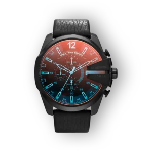 Diesel Mega Chief DZ4323 fekete bőrszíjas karóra, piros-kék színátmenetes számlappal és részletes időmérő funkciókkal.