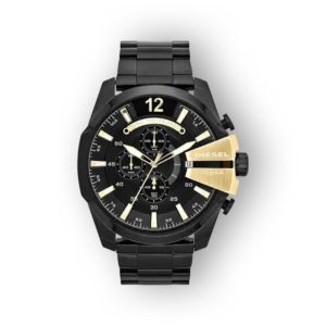 Fekete Diesel Mega Chief DZ4338 óra arany részletekkel, kronográf funkcióval és fényes fém szíjjal.