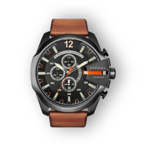 Fekete számlapos Diesel Mega Chief DZ4343 karóra, barna bőrszíjjal és három kismutatóval.