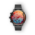 Diesel DZ4519 karóra, fekete bőr szíjjal és színes, digitális óraszámlappal.