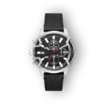 Diesel Griffed DZ4603 karóra fekete számlappal és bőrszíjjal, ezüstszínű tokban, piros mutatókkal.