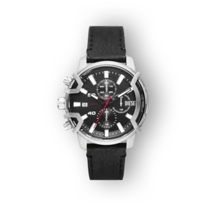 Diesel Griffed DZ4603 karóra fekete számlappal és bőrszíjjal, ezüstszínű tokban, piros mutatókkal.