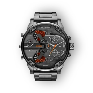 Diesel Mr. Daddy DZ7315 karóra fekete számlappal és narancssárga részletekkel. Metal szíjjal, modern dizájn.