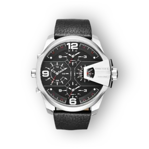 Fekete számlapos Diesel karóra, ezüst tok, bőr szíjjal, részletes időzítő funkciókkal.