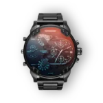 Diesel Mr. Daddy DZ7395 karóra fekete szíjjal, színes, több funkciós számlap rétegekkel.