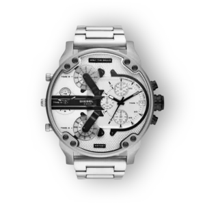 Ezüst színű Diesel Mr. Daddy DZ7421 óra, részletes számlappal és króm karkötővel.