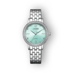 Citizen Quartz EL3100-55X ezüst szíjas, vízátjáró kék számlapos karóra, kristályokkal díszített kerettel.