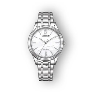 Citizen Eco-Drive EM0411-71A karóra ezüstszínű fém szíjjal és fehér számlappal.