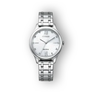 Citizen Eco-Drive EM0500-73A karóra ezüstszínű fémszíjjal és fehér számlappal.