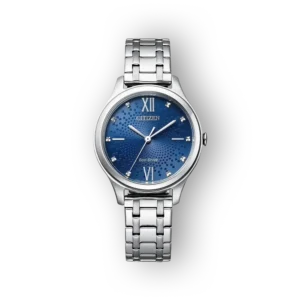 Citizen Eco-Drive EM0500-73L férfi óra, kék számlappal és ezüst színű fémszíjjal.