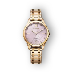 Citizens Eco-Drive EM0503-75X karóra arany színű fém óraszíjjal és lila számlappal.