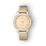 Arany színű Citizen Eco-Drive EM0503-83X karóra, geometrikus számlappal és fém szíjjal.