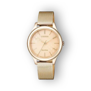 Arany színű Citizen Eco-Drive EM0503-83X karóra, geometrikus számlappal és fém szíjjal.