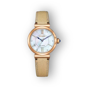 Citizen Eco-Drive EM1073-18D divatóra világos bőrszíjjal és gyöngyház számlappal.