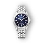 Citizen karóra kék számlappal és fém szíjjal elölnézetben