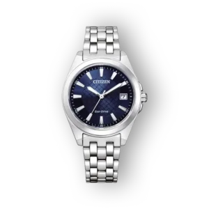 Citizen karóra kék számlappal és fém szíjjal elölnézetben